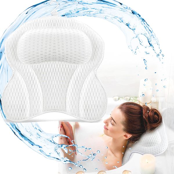 XFLYP Bath Pillow, 4D Ergonomic Bathtub Spa Pillow with Air Mesh Technology with 6 Powerful Suction Cups for Head, Shoulder, Neck and Back Support Fits All Bathtub, Hot Tub and Home Spa