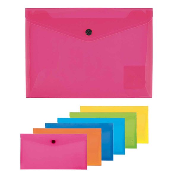 Set of 6 Document Folders, Plastic Envelope for Documents and Projects (A5 Coloured Translucent Button Closure)