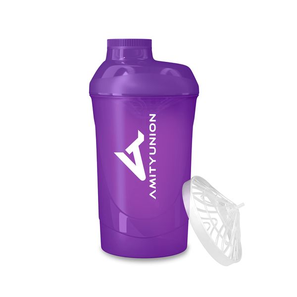 Frauen Protein Shaker 800 ml Lila Deluxe - ORIGINAL AMITYUNION - Eiweiß Shaker auslaufsicher - BPA frei mit Sieb, Skala für Cremige Whey Shakes, Gym Fitness Becher für Isolate, BCAA Pulver und Booster