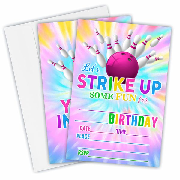 Tie Dye Bowling Birthday Invitations, Let's Strike Up Some Fun Birthday Party Invites For Kids Adults Birthday Party And Events Supplies, 20 Fill-In Invites Cards With Matching Envelopes（YQK-B11）