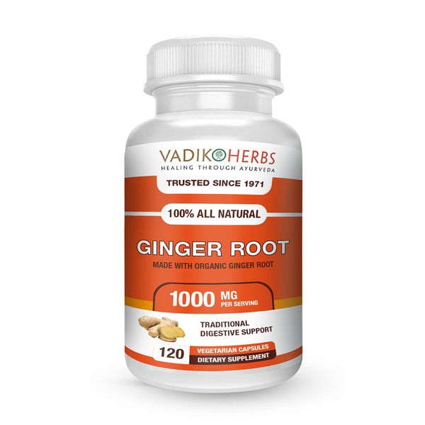 Vadik Herbs Ginger Root - Organic - 1000mg per Serving - Supports Digestive Health - Vegetarian Capsules (120 ct)