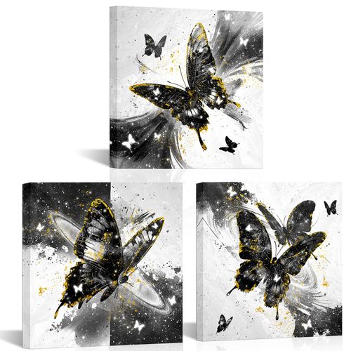 Conipit Black and Gold Butterfly Wall Art Abstract Butterfly Pictures Galaxy Canvas Wall Decor For Bathroom Living Room Decor 12''X12'' Each Panel (black)