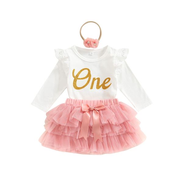 BemeyourBBs Baby Girl First Birthday Outfit Fly Sleeve Lace Romper Tutu Skirt Set with Headband (12-18 Months,Long Sleeve pink)