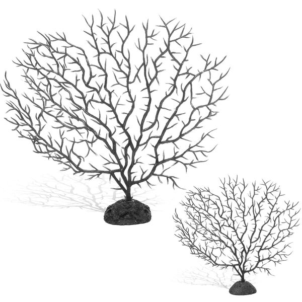 Piutouyar 2Pcs Sea Fan Coral Decorations, Black Simulation Sea Coral Branch for Aquarium Ornament Fish Tank Landscape (11.8inch+6.7inch)