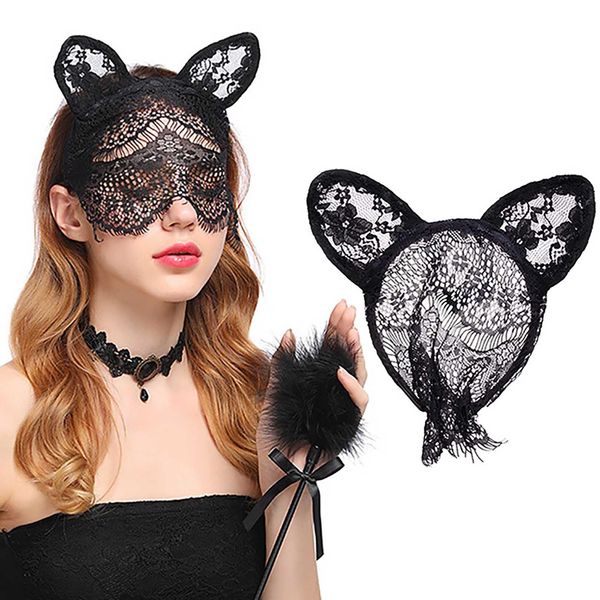 Acenail Sexy Cat Ears Headband Black Lace Veil Mask Cat Ear Hair Hoop Rabbit Ears Hairband Party Decoration Headdress Bunny Ears Face Veil Head Band Cosplay Costume Hair Accessories for Halloween