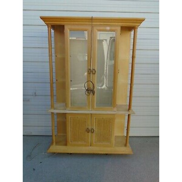 Faux Bamboo China Cabinet Hutch Breakfront Regency Bookshelf Bar Bookcase Pantry