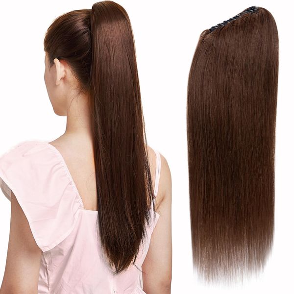 SEGOHAIR Claw Clip Ponytail Hair Extensions Human Hair, 14 Inch Ponytail Extension Natural Real Hair Straight Remy Hair Extensions-Dark Chocolate Brown(115g）