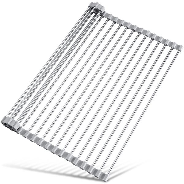 Tomorotec 17.7" x 15.5" Roll Up Dish Drying Rack Over Sink Drying Rack Sink Cover Kitchen Sink Accessories Gadget Multipurpose Organizer Foldable Stainless Steel Drainer (Grey)