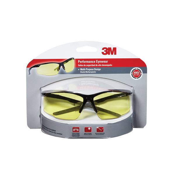 3M Performance Eyewear, Multi-Purpose Design, Black Frame, Amber Lens, 1/Pack