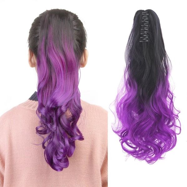 iLUU Colorful Ombre 2 Tone Cosplay Ponytail Hair Extension Body Wave Wavy Curly One Piece 130g 24"/60cm Claw Jaw Pony Tail Hairpiece Black/Purple Synthetic Extensions for Women