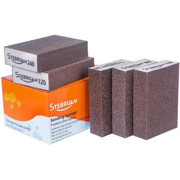 STEBRUAM 5 Pieces Sanding Sponges,Coarse and Fine Sanding Blocks -60/80/100/120/240 Grits 5 Different Specifications Sanding Pads,Washable and Reusable,Sand Paper Pack for Metal Wood and Wall