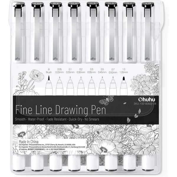 Ohuhu 8pcs Drafting Pen Set Fine Line Pen Line Drawing Pen Line Width 0.05-1.0mm Brush Type Water Based Sign Pen Cartoon Pen Sketch Pen Illustration Pen Waterproof Black