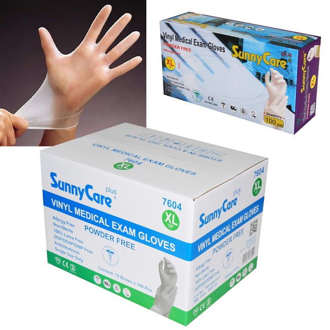 Sunnycare #7604 Vinyl Medical Exam Gloves Powder Free Size: X-large 1000pcs/case ;100pcs/box;10boxes/case