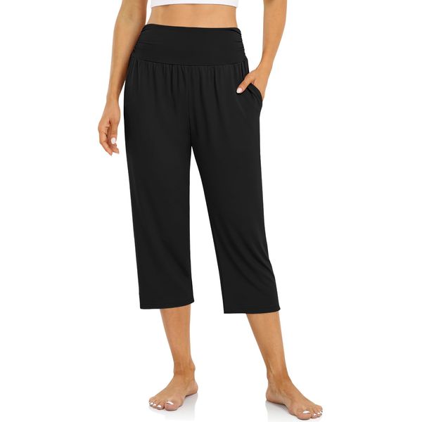 UEU Women's Plus Size High Waisted Capri Casual Summer Loose Yoga Pants Comfy Lounge Sweat Capris Sweatpants with Pockets(Black,XL)