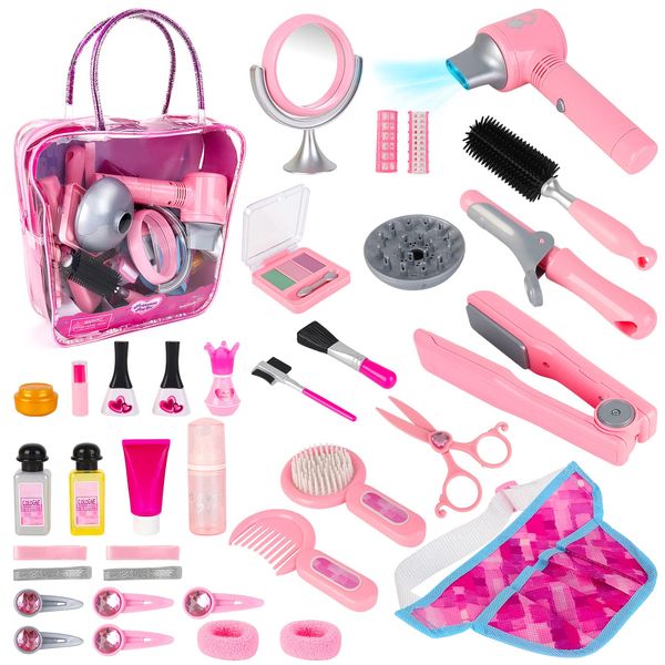 deAO Girls Beauty Salon Set 35pcs Pretend Play Stylist Toy Kit with Hairdryer, Mirror, Curling Iron and Other Accessories Kids Toddler Fashion Cutting Makeup Party Favor, Birthday Gift (Fake Makeup)