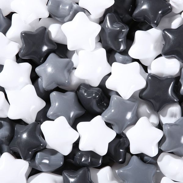 STARBOLO Baby Ball Pit Balls - 100pcs Star Balls for Ball Pit Plastic Ball Baby Play Ball Playhouse Playpen, Black/Gray/White Stars for Brithday Party Decoration.