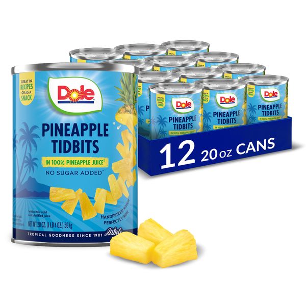 Dole Canned Fruit, Pineapple Tidbits in 100% Pineapple Juice, Gluten Free, Pantry Staples, 20 Oz, 12 Count, Packaging May Vary