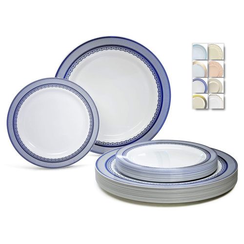 " OCCASIONS " 120 Plates Pack,(60 Guests) Heavyweight Premium Wedding Party Disposable Plastic Plates Set -60 x 10.5'' Dinner + 60 x 7.5'' Salad/Dessert (Louvre in Metallic Blue)