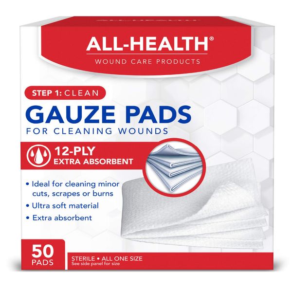 All Health Gauze Pads, 50 Pads, 4 X 4 | for Cleaning or Covering Wounds as Wound Dressing, Helps Prevent Infection