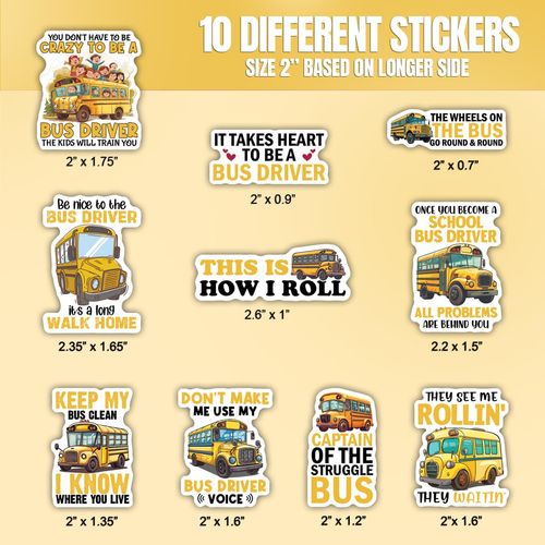 10pcs School Bus Stickers Sheet, Waterproof, UV-Resistant, for Teacher Appreciation, Bus Driver Gifts, School Decorations, for Laptop, Water Bottle, Journal, Notebook, Phone Case