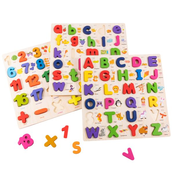 XJYQJD Wooden Alphabet Puzzle for Toddlers, 3 in 1 Lower Case Alphabet Letter Puzzles ABC Uppercase & Lowercase & Number Puzzle Set for Preschoolers Kids Ages 3-5 Alphabet Learning Educational Toy