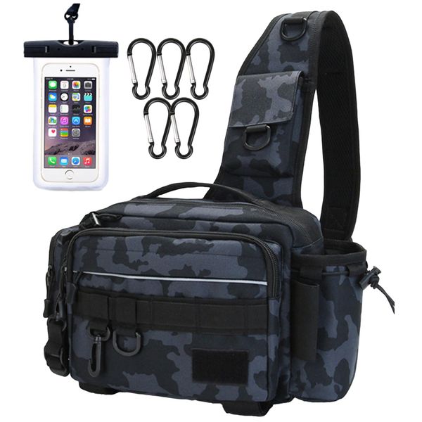 nda-style Fishing Bag, Fishing Bag, Shoulder Bag, Multi-functional, Large Capacity, Tackle Bag, Langan Gun with 5 Carabiners, Waterproof Smartphone Case (Navy Camo)