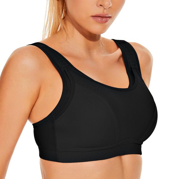 Wingslove Womens Sports Bras High Impact Adjustable Wireless Plus Size Sports Bra Full Figure Large Bust Workout Bra Exercise Running Bra (Black, 44D)