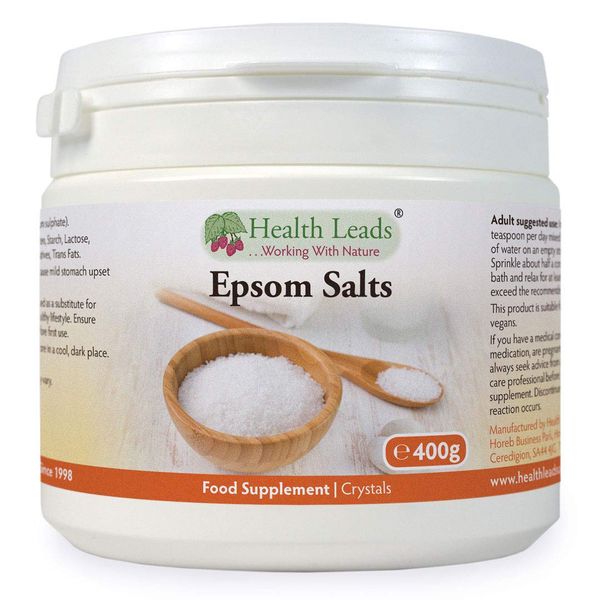 Pure, Food Grade Epsom Salts, Magnesium Sulphate, Vegan, Non-GMO, Widely Used to Help Relax Aching and Tired Muscles After Sports and Exercise, Resealable Container, Easy to Use (400g)