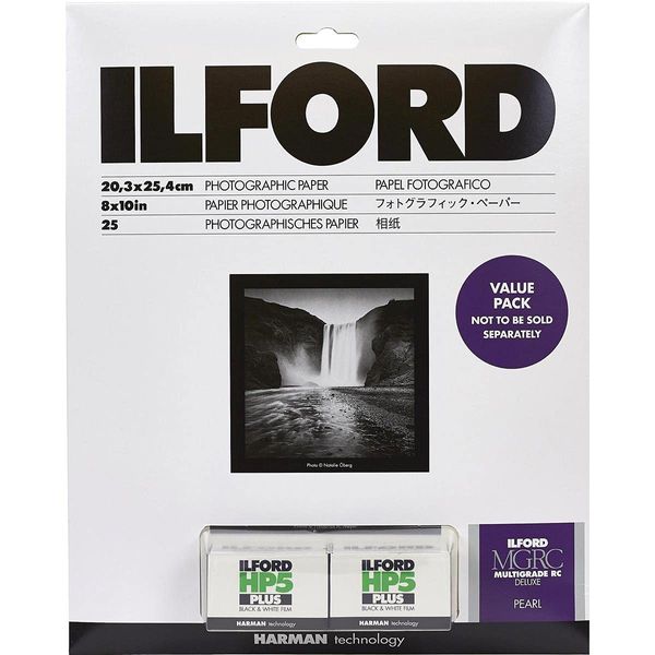 Ilford Multigrade V RC Deluxe Pearl Surface Black & White Photo Paper and 2x HP5 Plus 35mm Film Roll Value Pack, 190gsm, 8x10", 25 Sheets