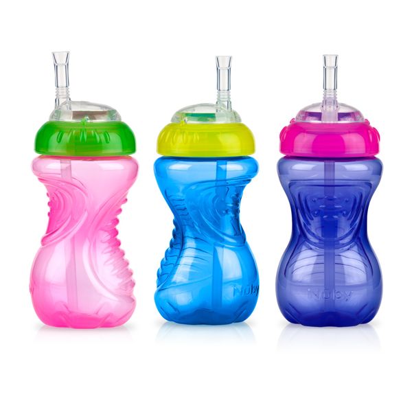 Nuby No-Spill Soft Straw Easy Grip Sippy Cup for Girls - (3-Pack) 10 Oz - 12+ Months