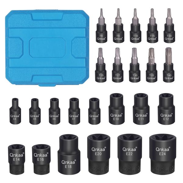 Torx Bit Socket Female E-Torx External Sockets Set 24PCS | 10pcs Star Socket Bits (T8-T40) & 14pcs Female E-Torx Sockets (E4-E24) 1/4" 3/8" 1/2" | CRV | Enhanced Mini Storage Case