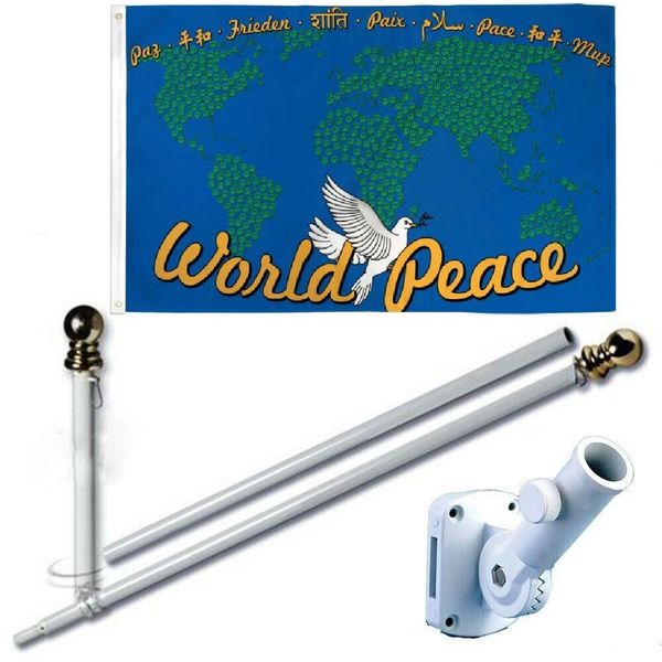 World Peace Map Blue 3 x 5 FT Flag + 6Ft Spinning Tangle Free Pole + Bracket