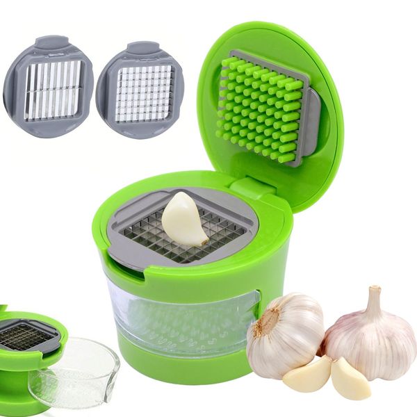 Mini Garlic & Ginger Press with Clear Tray - Kitchen Chopper, Crusher, Dicer Tool, Green