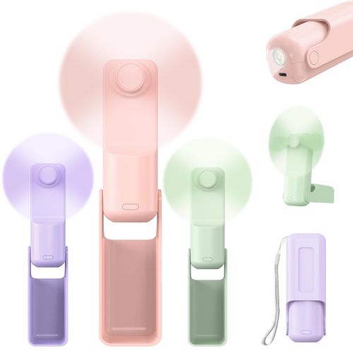 3 Pcs Portable Handheld Fans, 3 IN 1 USB-C Rechargeable [10H Working time] Mini Fan with 3 Speed, Flashlight, Lanyard, Folding Personal Fan, Gifts for Women Men Girls Kids, Purple&Pink&Green