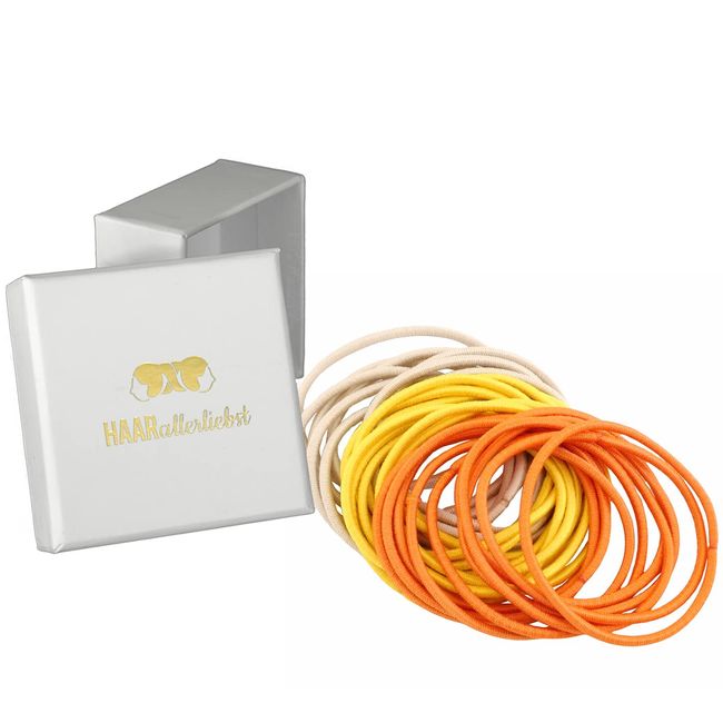 HAARallerliebst Haargummis extra dünn (30 Stück | beige, gelb, orange | 4,5 cm) inkl. Schachtel zur Aufbewahrung (Schachtelfarbe: weiss)