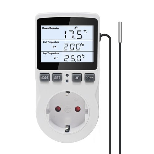 KETOTEK KT3100BL Digital Thermostat Socket VA LCD Display Temperature Controller Socket 16A 100-250Vac Blue Backlight with 3 m Temperature Sensor for Incubator, Greenhouse, Aquarium