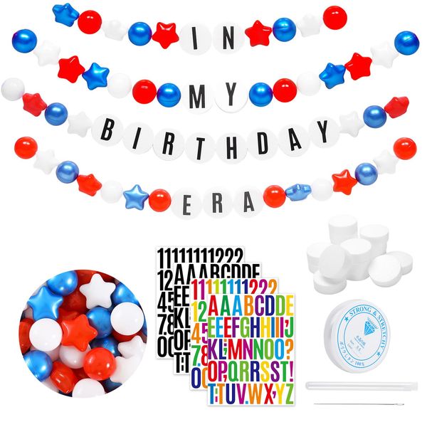 DIY Giant Friendship Bracelet Birthday Party Banner Kits with 100 Ocean Balls in My Birthday Era Banner Famous Singer Banner Decor Foam Circles Ball Pit Balls Stars DIY Supplies(Red/Blue/White)