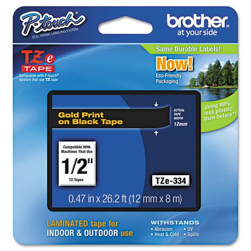 Brother TZE334 TZe Standard Adhesive Laminated Labeling Tape, 1/2-Inch w, Gold on Black