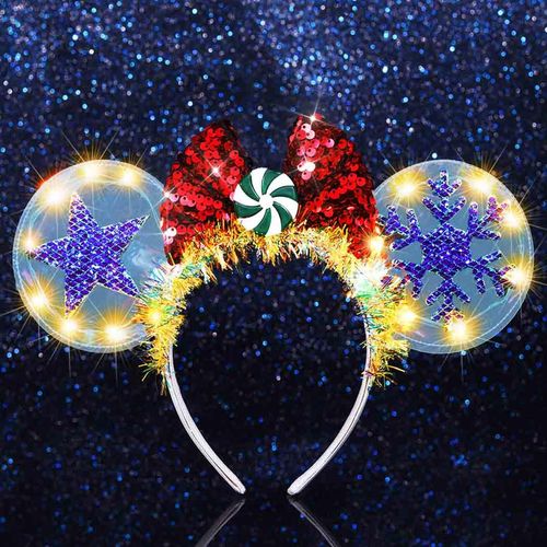 Yean Light Up Headband Mouse Ears Xmas Headbands Bowknot Christmas Hair Accessories for Women (Red-Warm Light, One size)