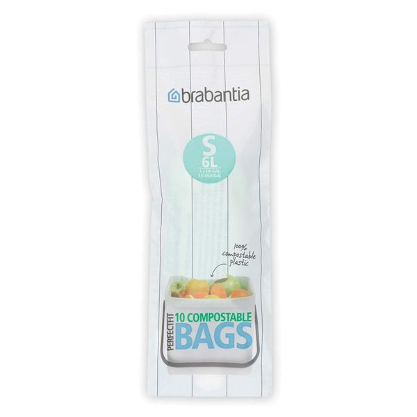 Brabantia 419683 Food Waste Caddy Compostable Bin Liners, 6 L (x10), Code S, Green