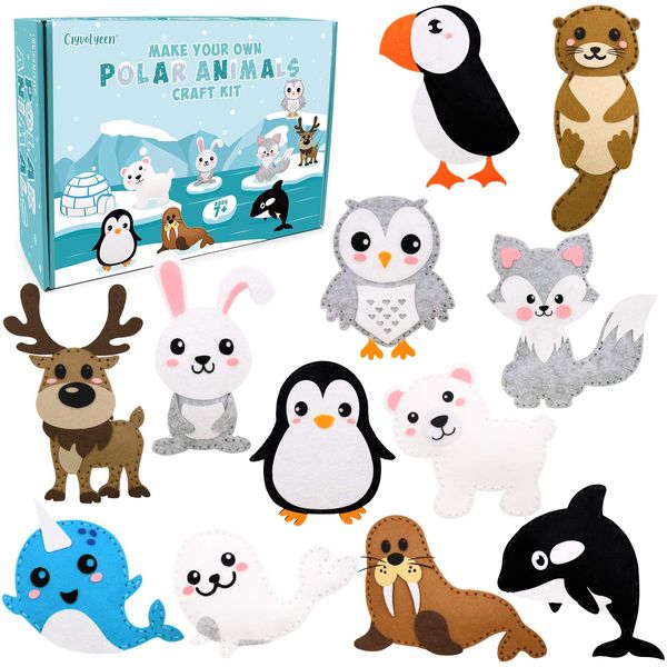 CiyvoLyeen Polar Animals Sewing Kit for Kids Make Your Own Winter Polar Animals Felt Plush Craft Kit Includes 14 Creative Projects to Sewing Beginners Fun DIY Educational Gift for Boys and Girls