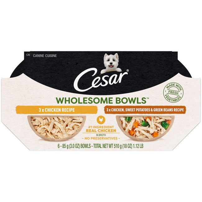 CESAR WHOLESOME BOWLS Adult Wet Dog Food, Chicken Recipe and Chicken, Sweet Potatoes & Green Beans Recipe Variety Pack, 3 oz., Pack of 6