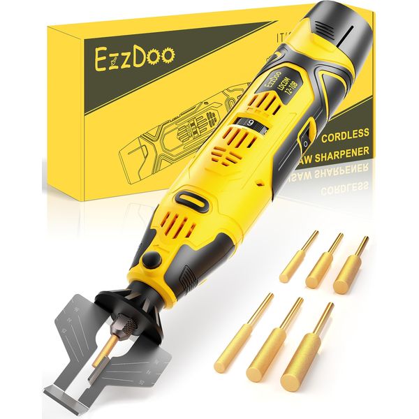 EzzDoo Cordless Electric Chainsaw Sharpener Kit - Portable 12V Chain Saw Sharpener Tool with 6 Titanium-Plated Diamond Bits(Wheels) & Angle Guide - Easy to Use for All Chainsaw Chains.