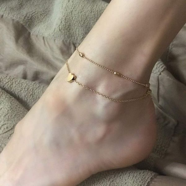 Yienate Boho Multilayer Gold Plated Love Heart Charm Anklet Chain Summer Beach Bead Ankle Chain Bracelet Foot Chain Jewelry Accessories for Women and Girls