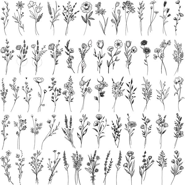 15 Sheets FANRUI Tiny Branch Black Flower Temporary Tattoos For Women Girl Floral Bouquet Small Tattoo Temporary Wild Plant Lavender Sweet Pea Larkspur Fake Tatoo Adults Face Hands Kids Kit Sticker