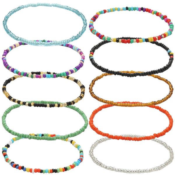 VEGCOO 10 Pcs Boho Anklets Bracelet, Handmade Beaded Anklet Bracelet Elastic Thread Glass Beads Anklet, Colourful Beads Foot Jewelry for Women Girls Ladies (10 Pcs)