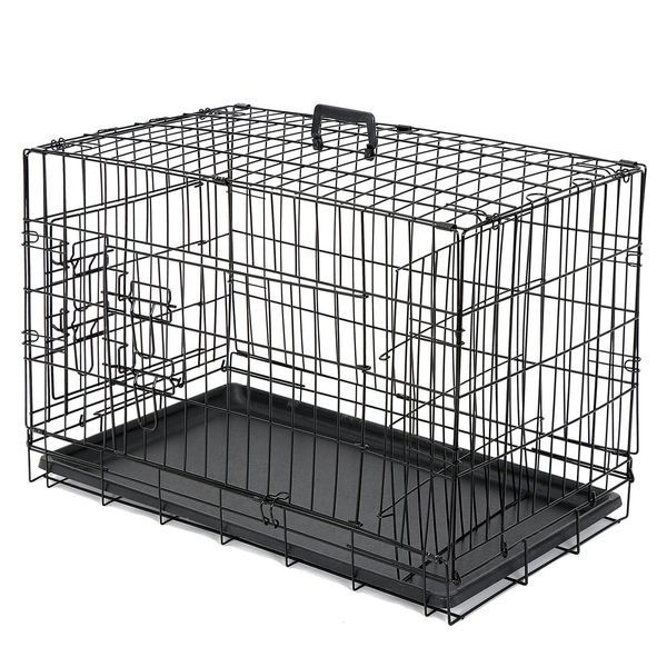 30" Folding Metal Dog Crate Double Doors Dog Crates Durable Black Dog Cage Pet