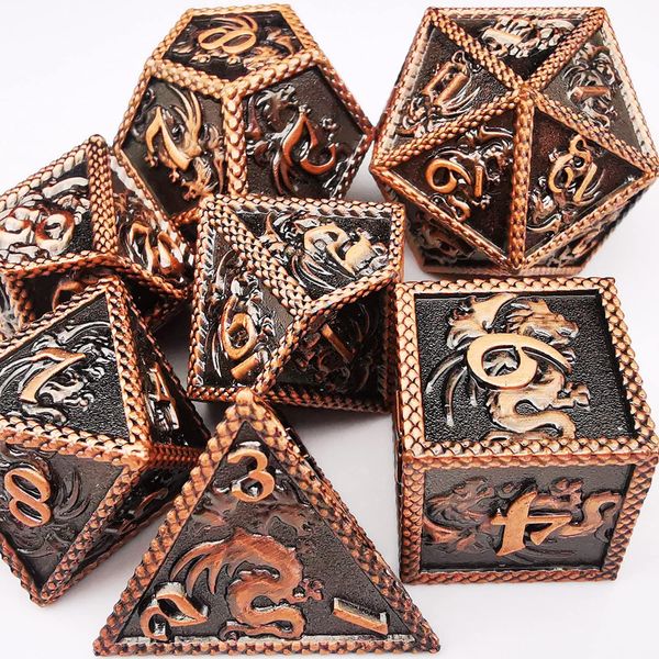 HAOMEJA DND Metal Dice Dragon Set 7 Role Playing Dice D&D Solid Dice Dungeons and Dragons Ancient Red Copper