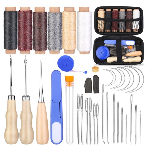 40 Pcs Leather Sewing Tools with Storage Bag, Leather Sewing Kit, Leather Sewing Stitching Needles, Waxed Thread and Leather Craft Accessories, Leather Sewing Kits for Beginners and Professionals