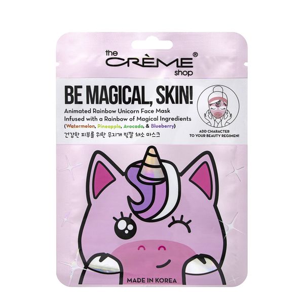 The Crème Shop Be Magical, Skin! Animated Rainbow Unicorn Face Mask Extract from Watermelon, Pineapple, Avocado and Blueberry, 4-In-1 Infused Mask Youthful Look Forever - 3Pack